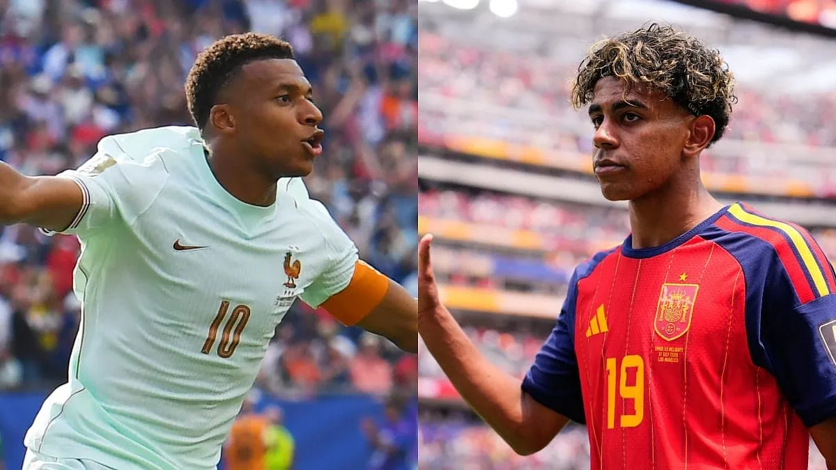 France's Kylian Mbappe (L) & Spain's Lamine Yamal.